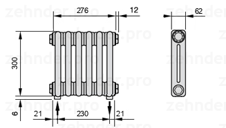 Схема (чертеж) Радиатор Zehnder Charleston 2030/6 №5310 Белый глянцевый RAL 9016